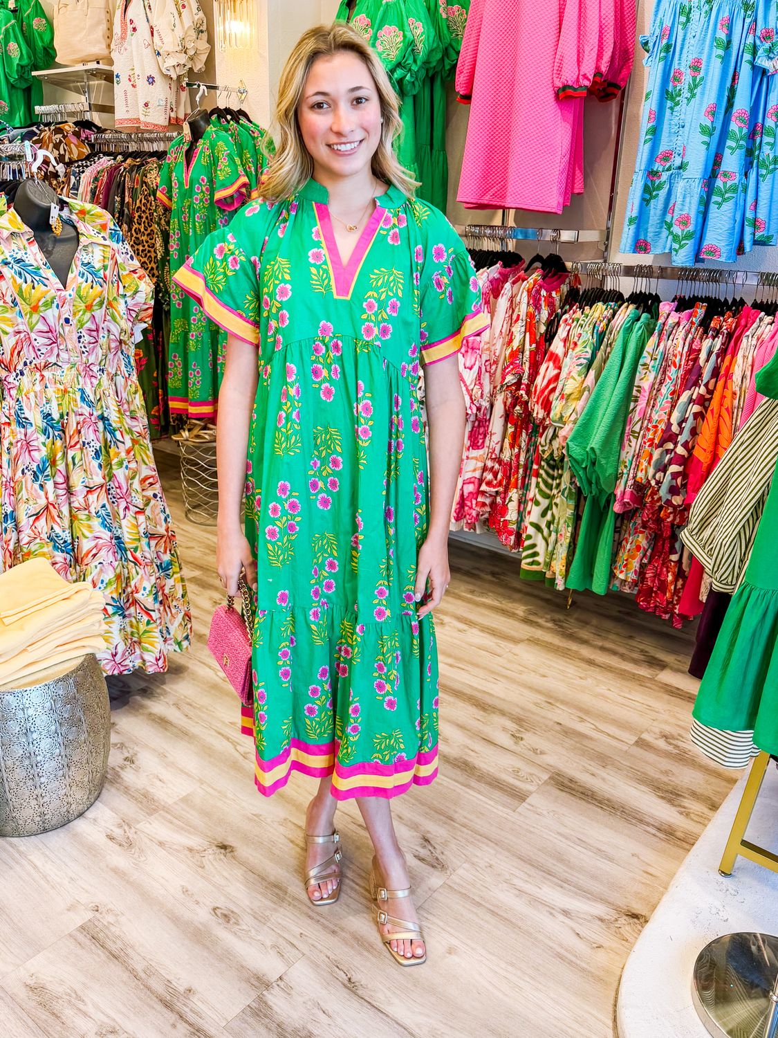 Striped Contrast Floral Midi Dress - Green