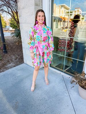 Floral Tie Waist Button Up Dress - Pink