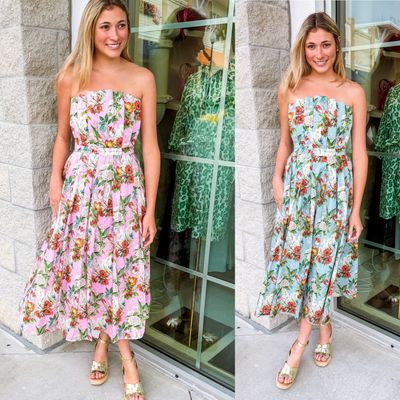 Pleated Strapless Floral Midi Dress