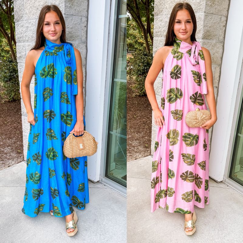 Palm Leaf Mock Neck Maxi Dress
