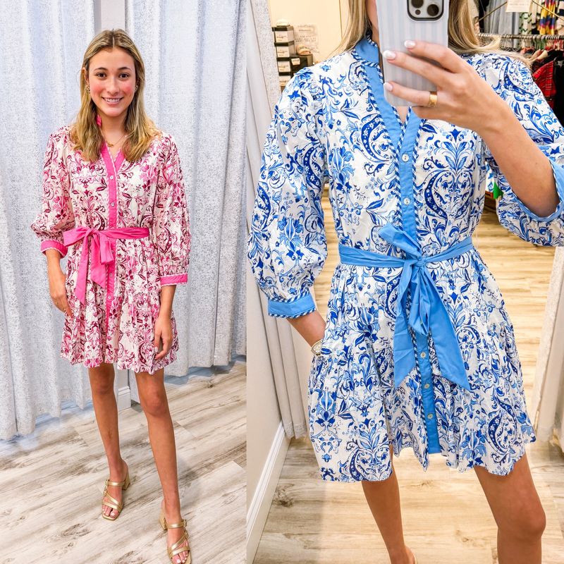 Contrast Trim Paisley Button Down Dress