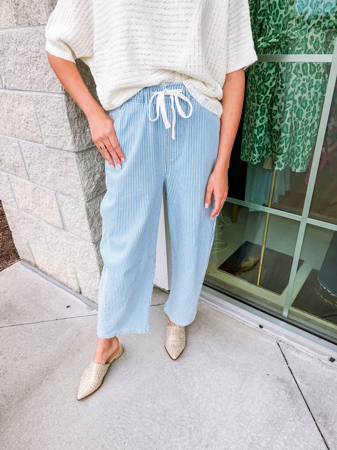 Pinstriped Barrel Denim Pants  - Light Denim