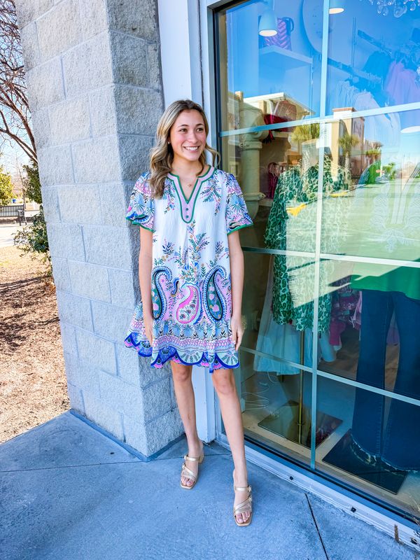 Flutter Sleeves Paisley Dress - Pink/Blue