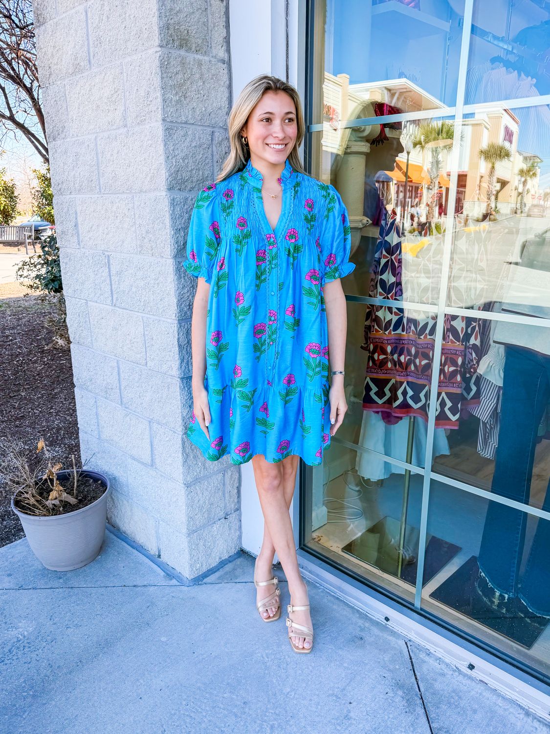 Smocked Detail Floral Dress - Sky