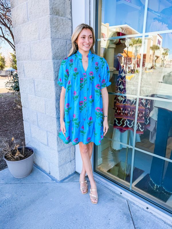 Smocked Detail Floral Dress - Sky