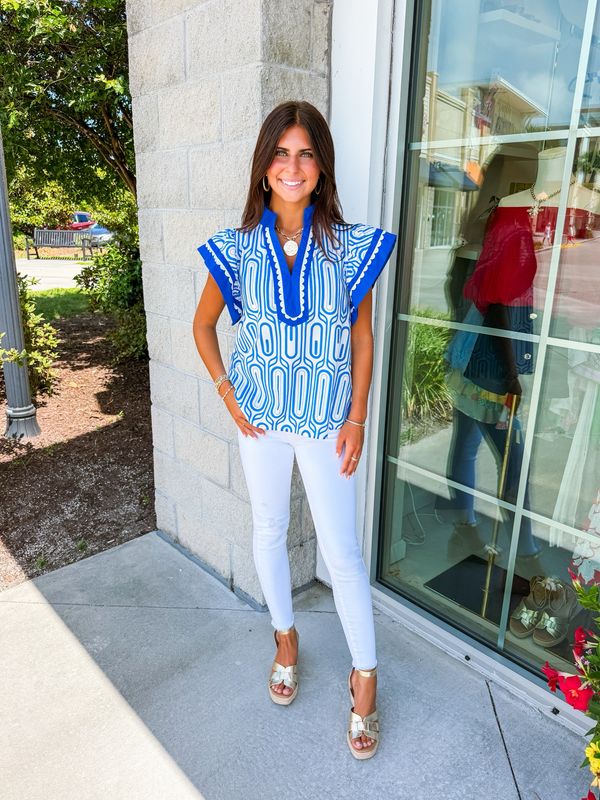 Contrast Trim Abstract Top - Blue