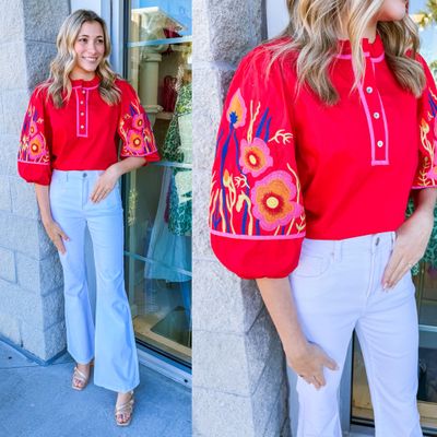 Floral Embroidery Sleeves Top - Red