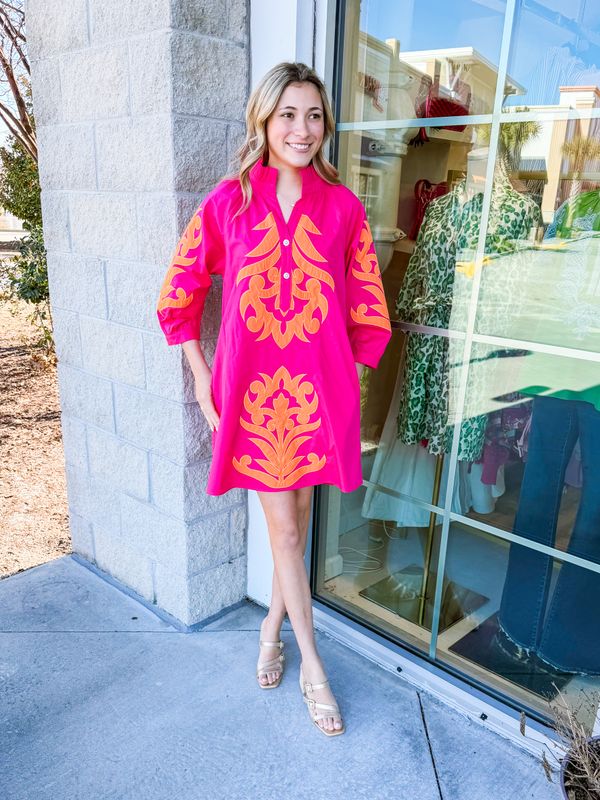 Floral Applique Button Up Dress - Fuchsia