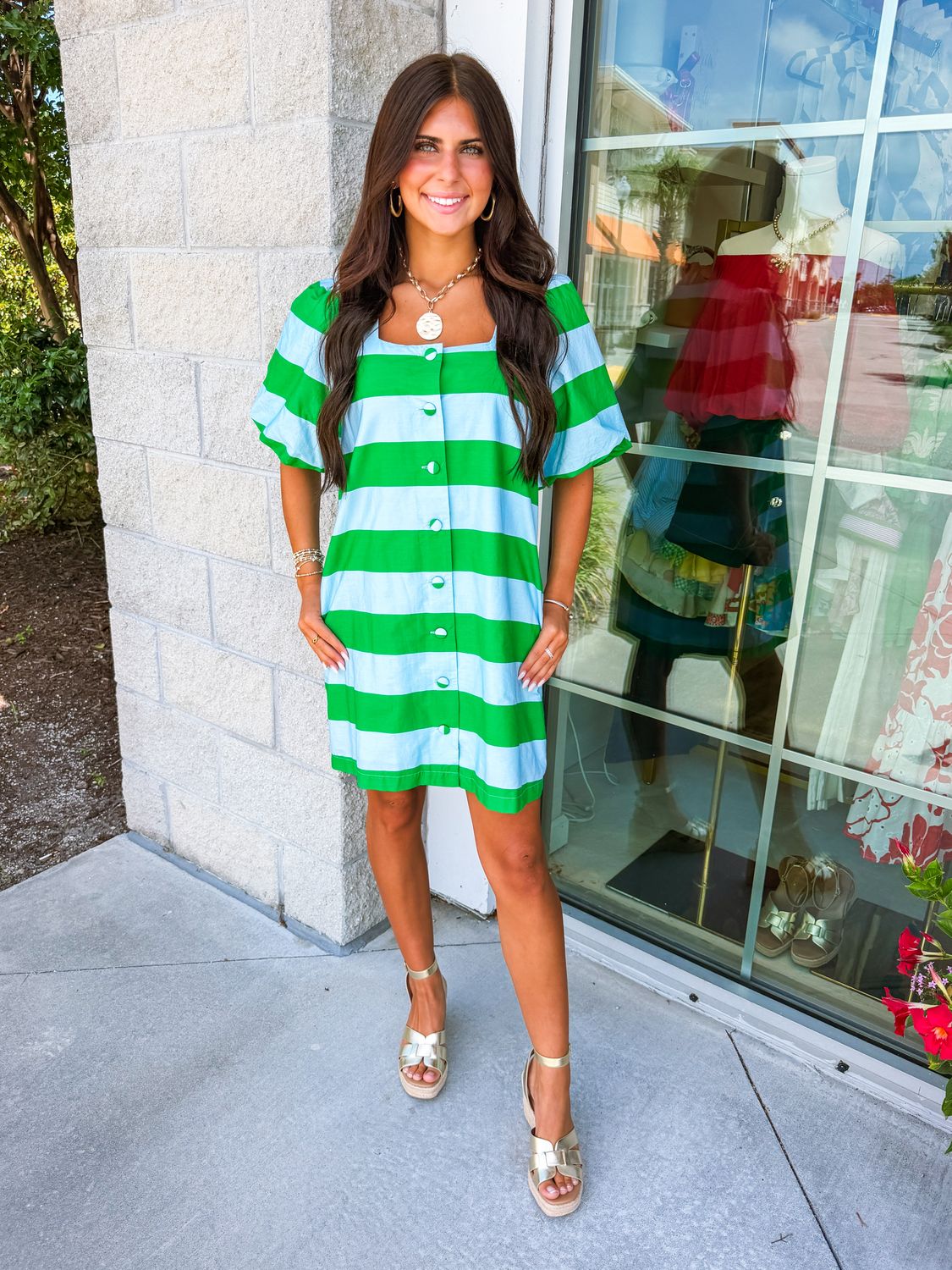 Striped Button Down Dress - Green