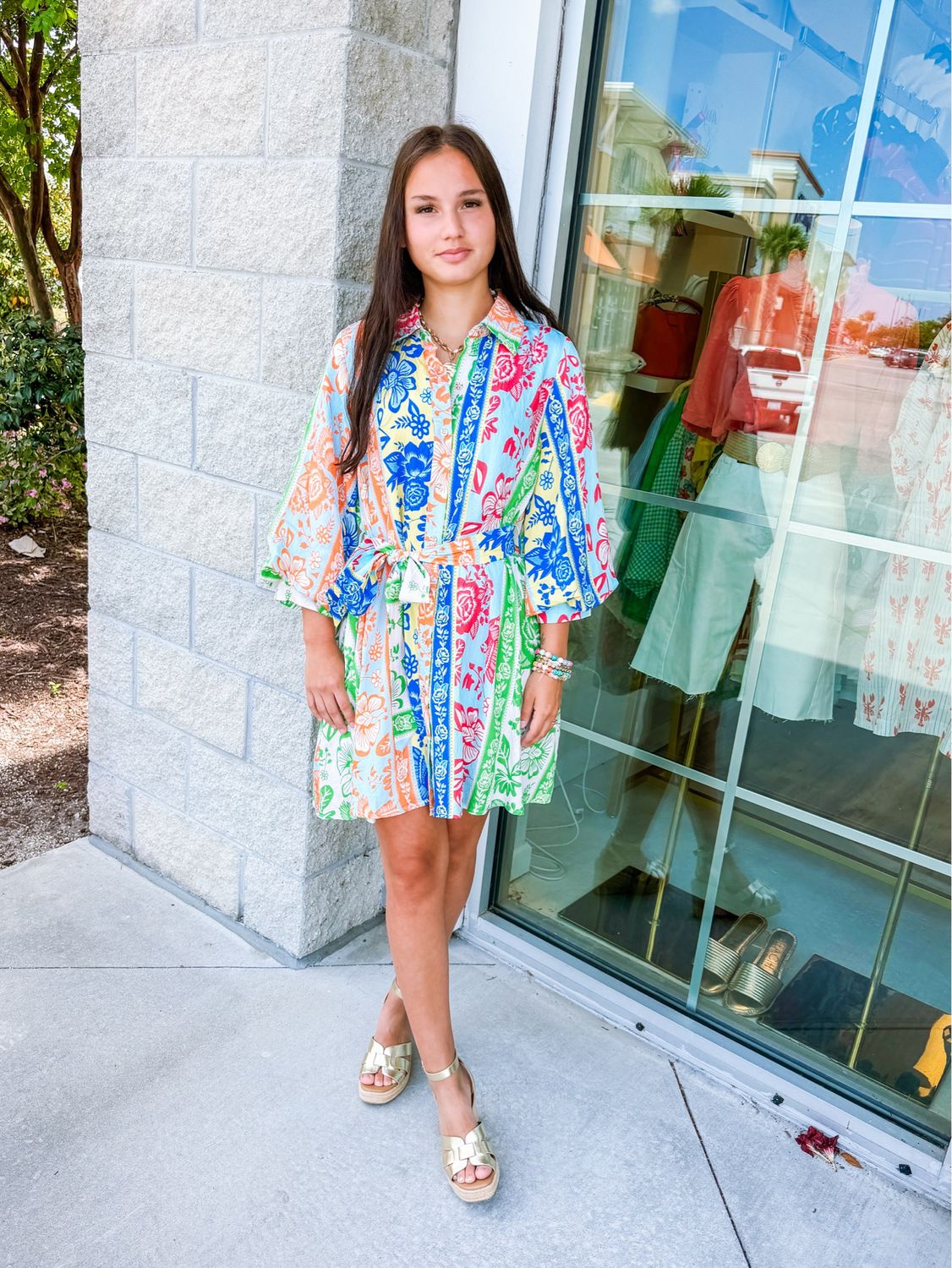 Floral Color Block Button Down Dress - Green
