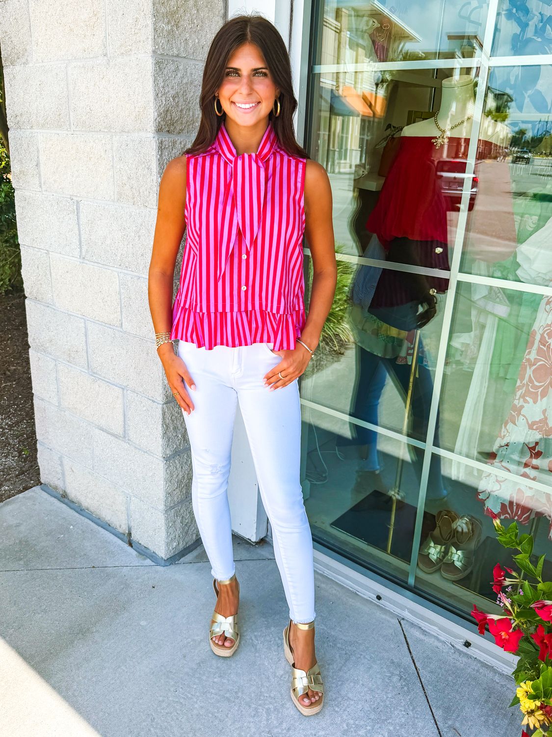 Tie Neck Striped Button Down Peplum Top