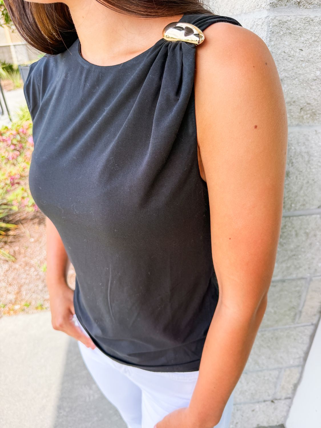 Gold Shoulder Detail Top - Black