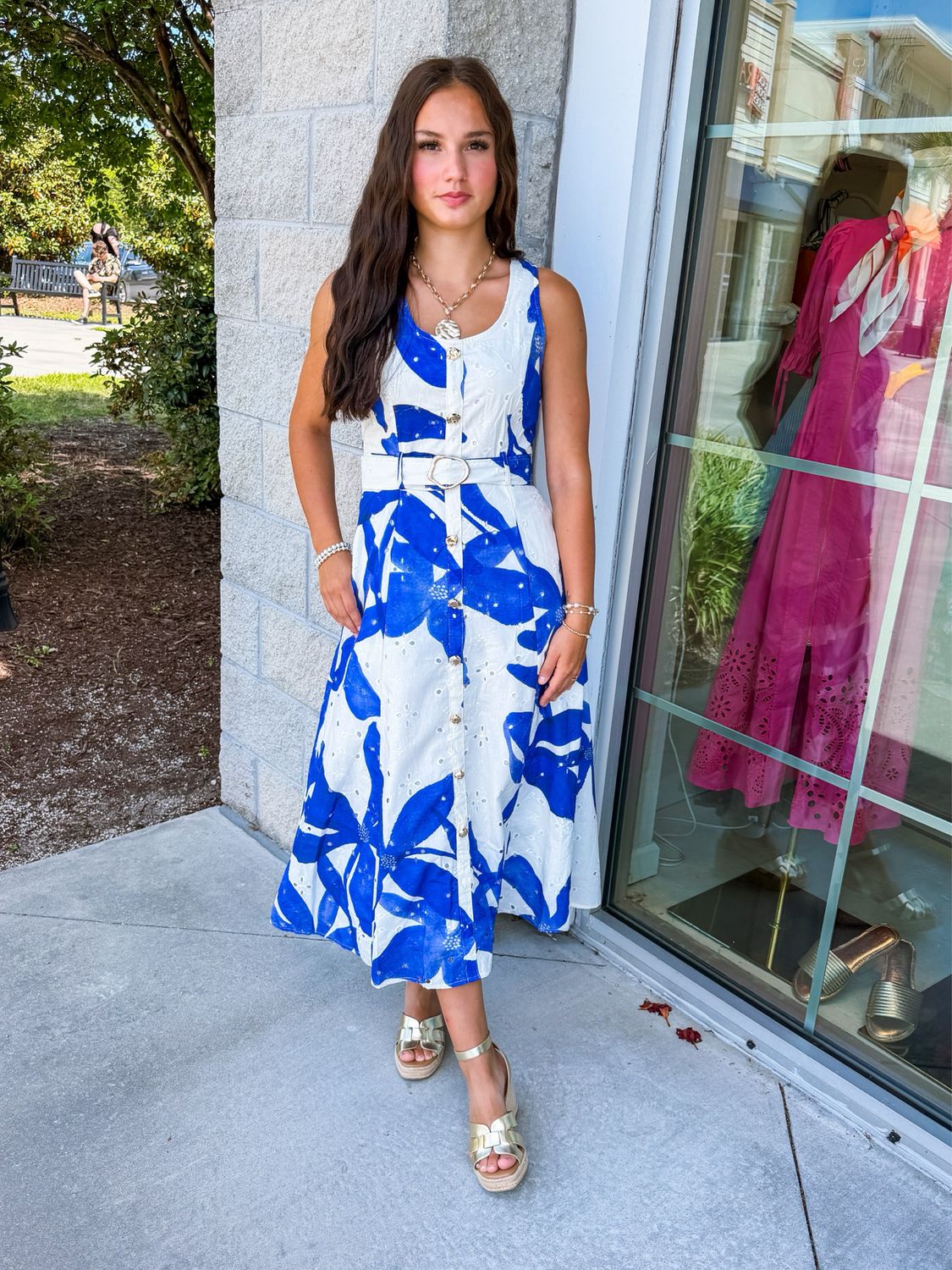 Botanical Belted Button Down Eyelet Midi Dress - Royal