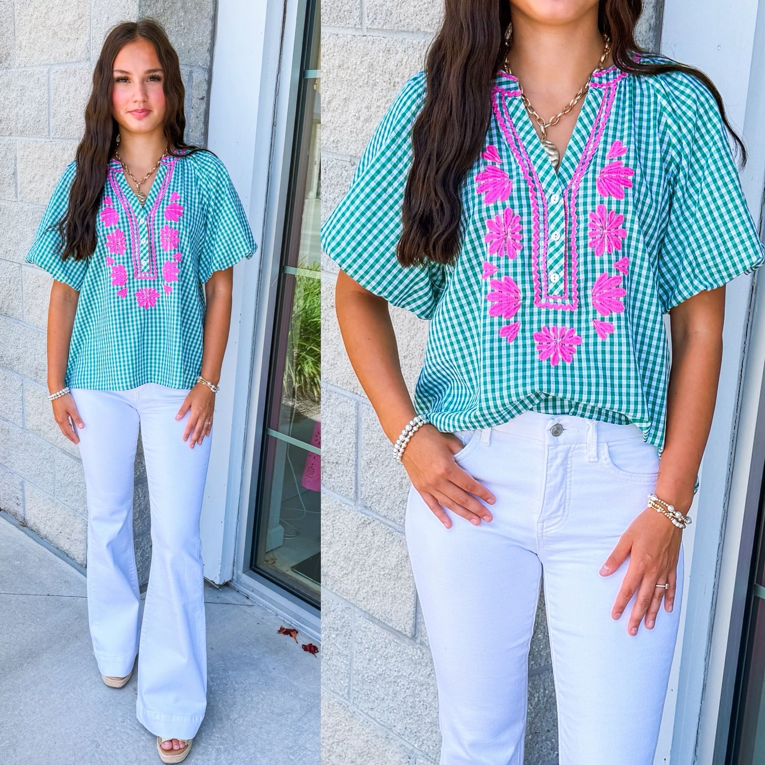 Floral Embroidery Plaid Top - Green