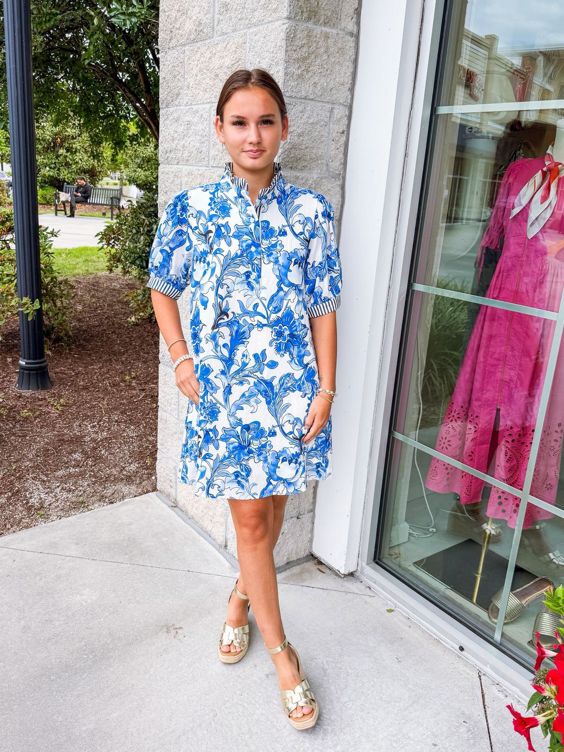 Striped Contrast Floral Button Up Dress - Royal