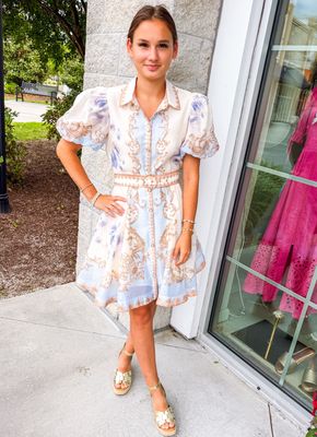Floral Baroque Button Down Belted Dress - Blue