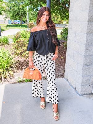 Scalloped Detail Polka Dot Pants - Black