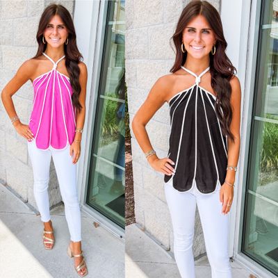 Contrast Piping Scalloped Halter Top