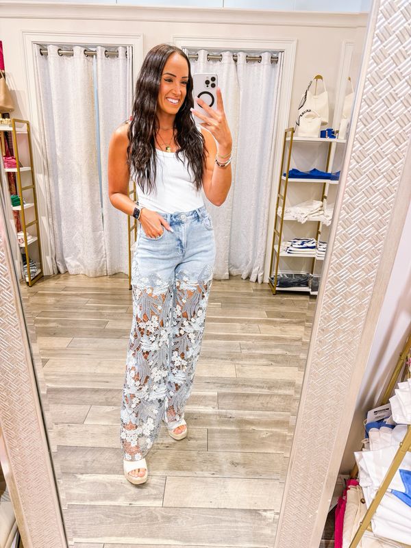 High Rise Floral Lace Jeans - Light