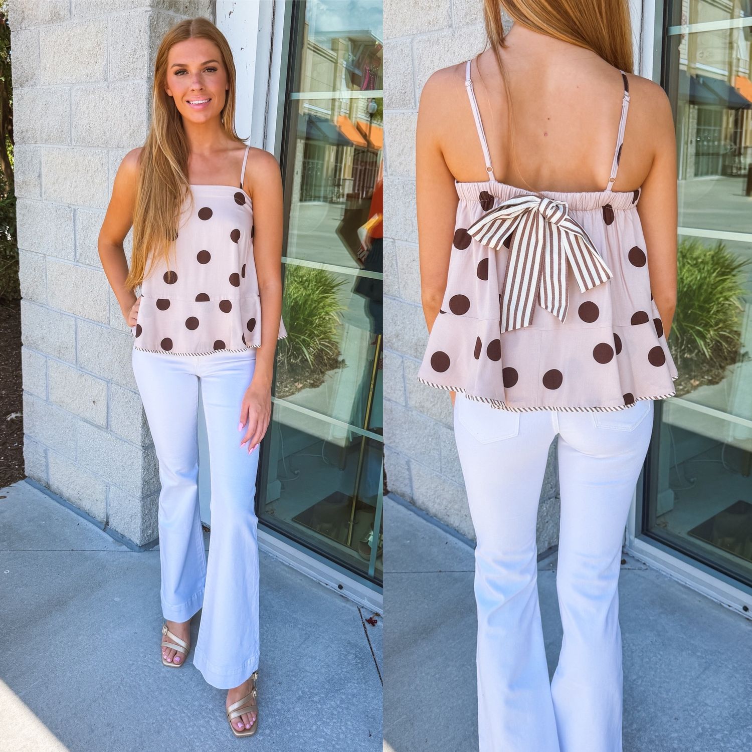 Striped Back Bow Polka Dot Top - Ecru