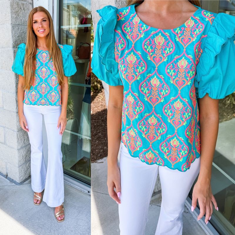 Puff Sleeves Embroidery Top - Aqua