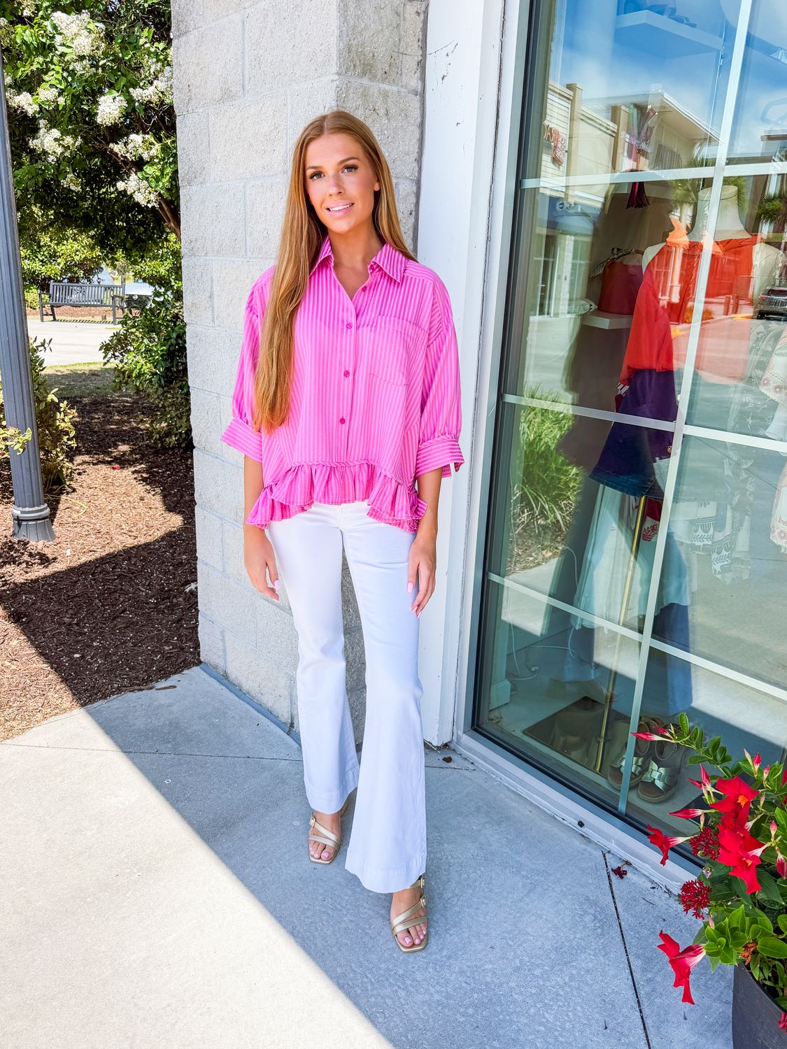 Ruffle Hem Striped Button Down Shirt - Pink