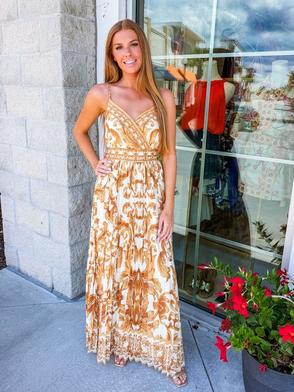 Floral Paisley/Border Print Maxi Dress - Ivory Gold