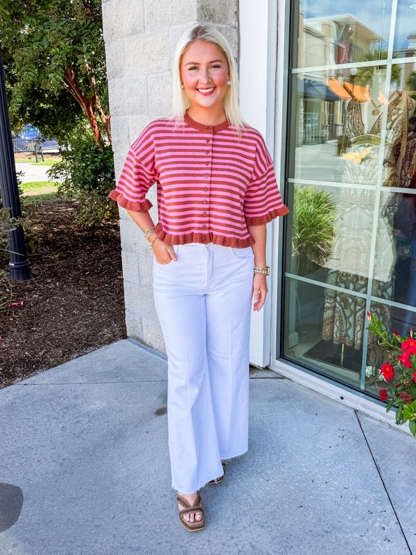 Striped  Ruffle Cardigan Sweater Top - Brown