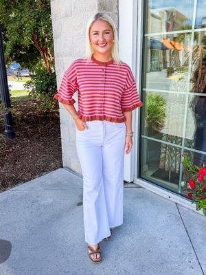 Striped  Ruffle Cardigan Sweater Top - Brown