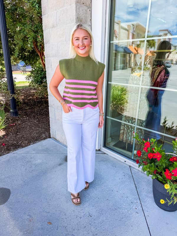 Scalloped Hem Striped Sweater Top - Olive