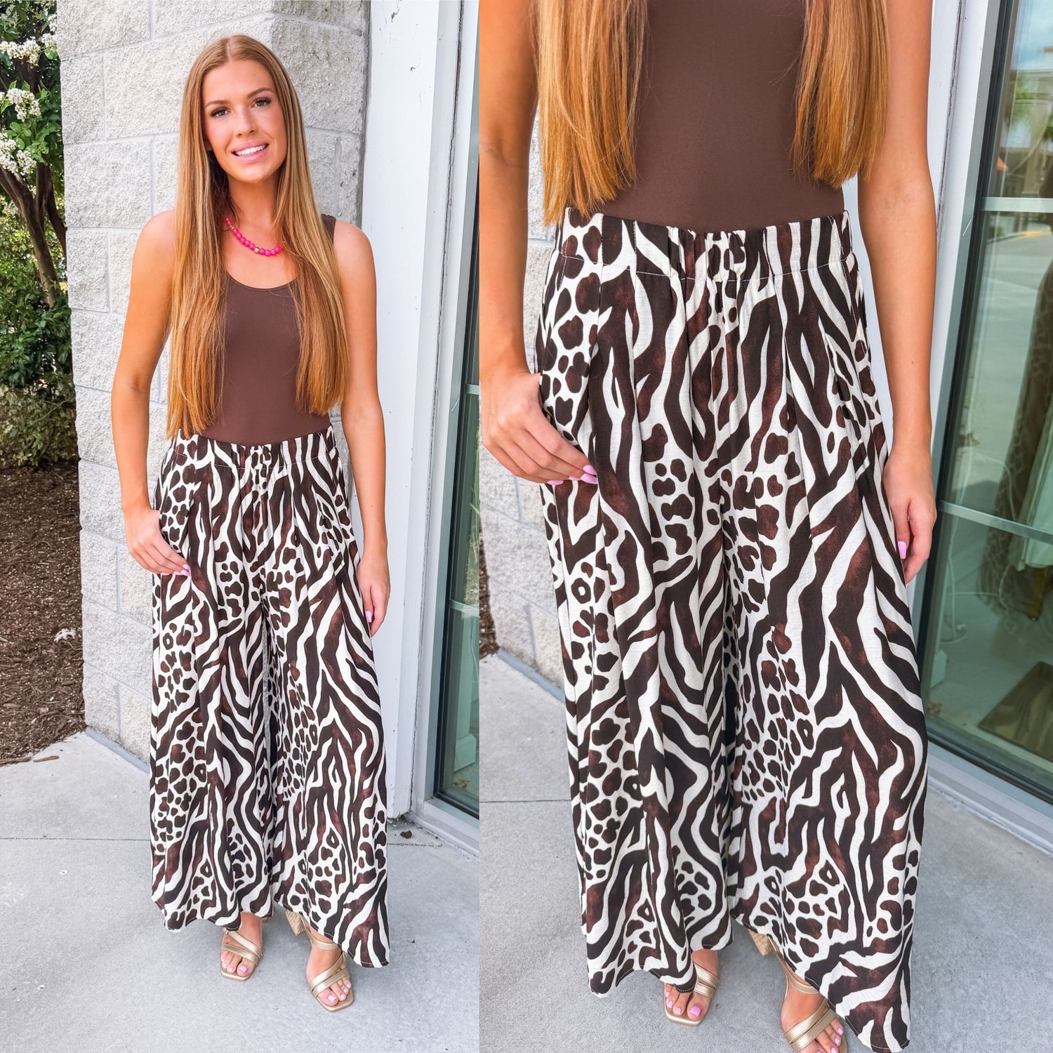 Mixed Animal Print Wide Leg Pants - Brown