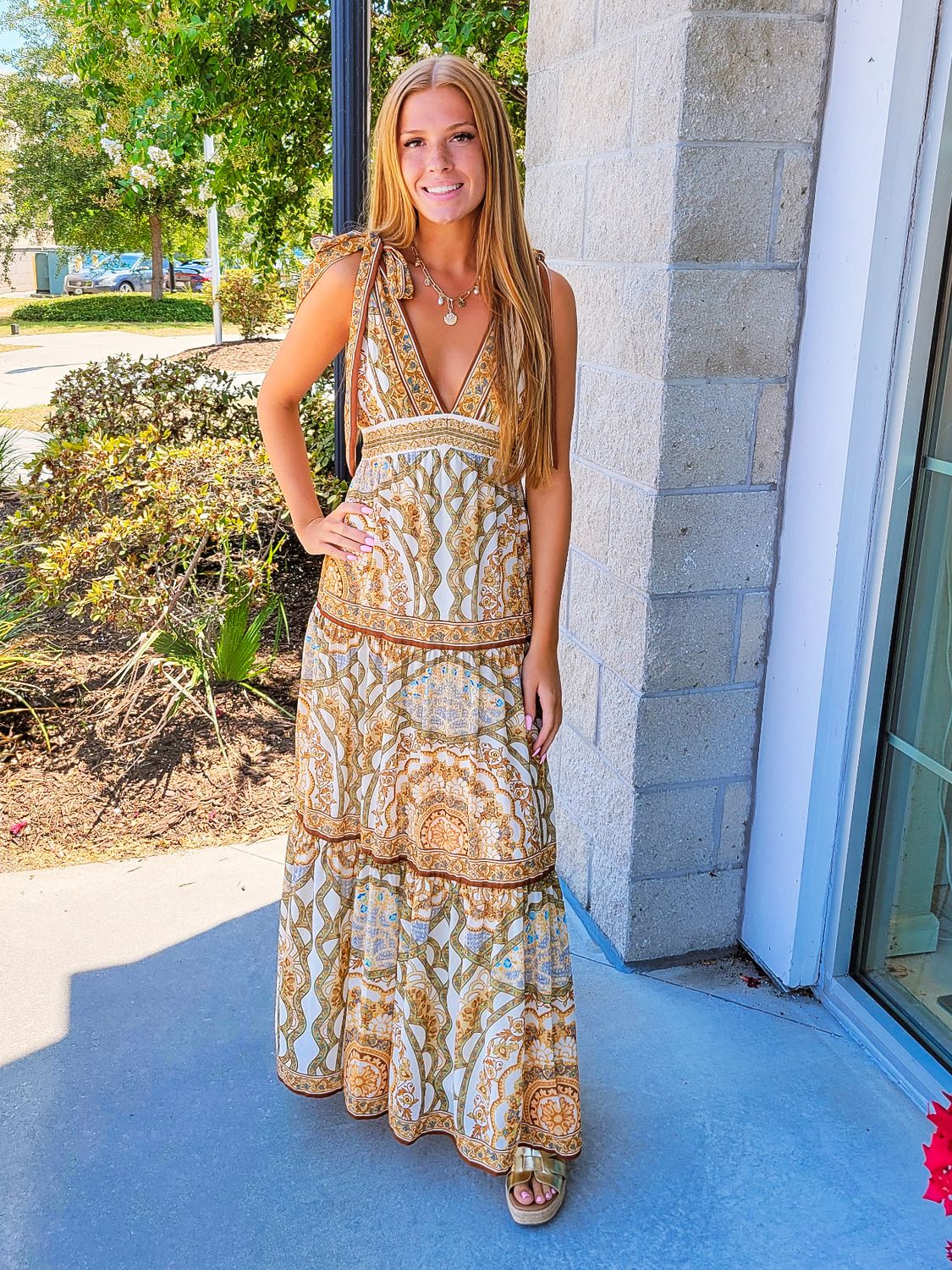 Tie Shoulders Border Print Maxi Dress - Brown