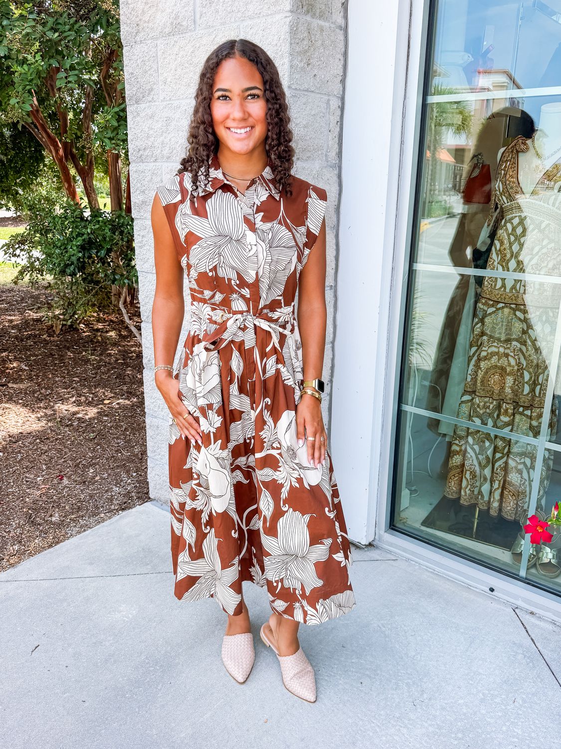 Tie Waist Floral Midi Dress - Brown
