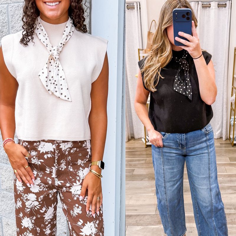 Polka Dot Scarf Mock Neck Sweater Top