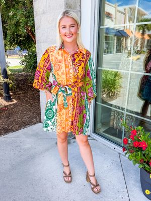 Floral Color Block Button Down Dress - Olive