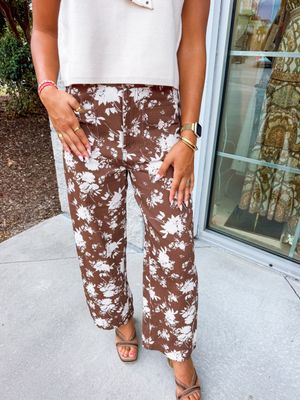 Floral Denim Pants - Brown