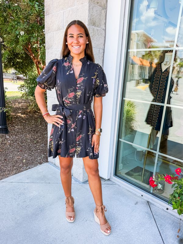 Floral Belted Button Down Dress - Black