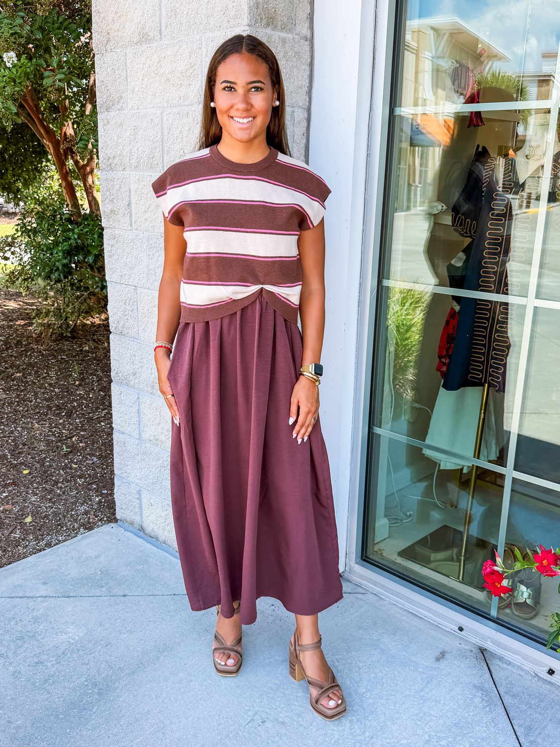 Maxi Dress W/Removable Striped Sweater Top - Brown