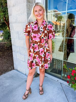 Floral Puff Sleeves Button Down Dress - Brown/Pink