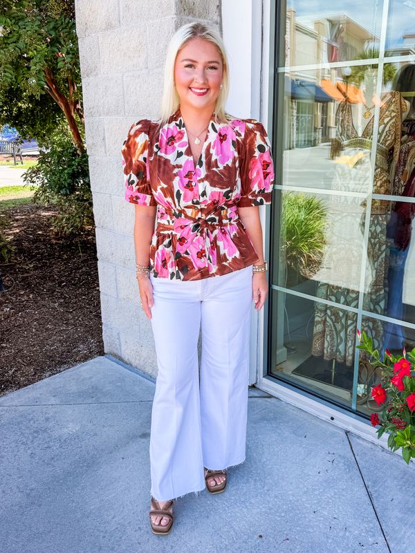 Tie Waist Floral Button Down Top - Brown/Pink