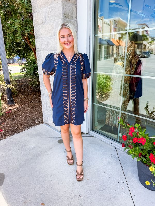 Embroidered Puff Sleeves Shift Dress - Navy