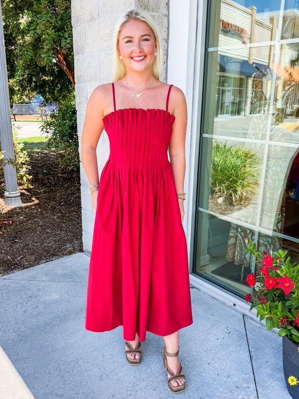 Pleated Detail Midi Dress - Ruby