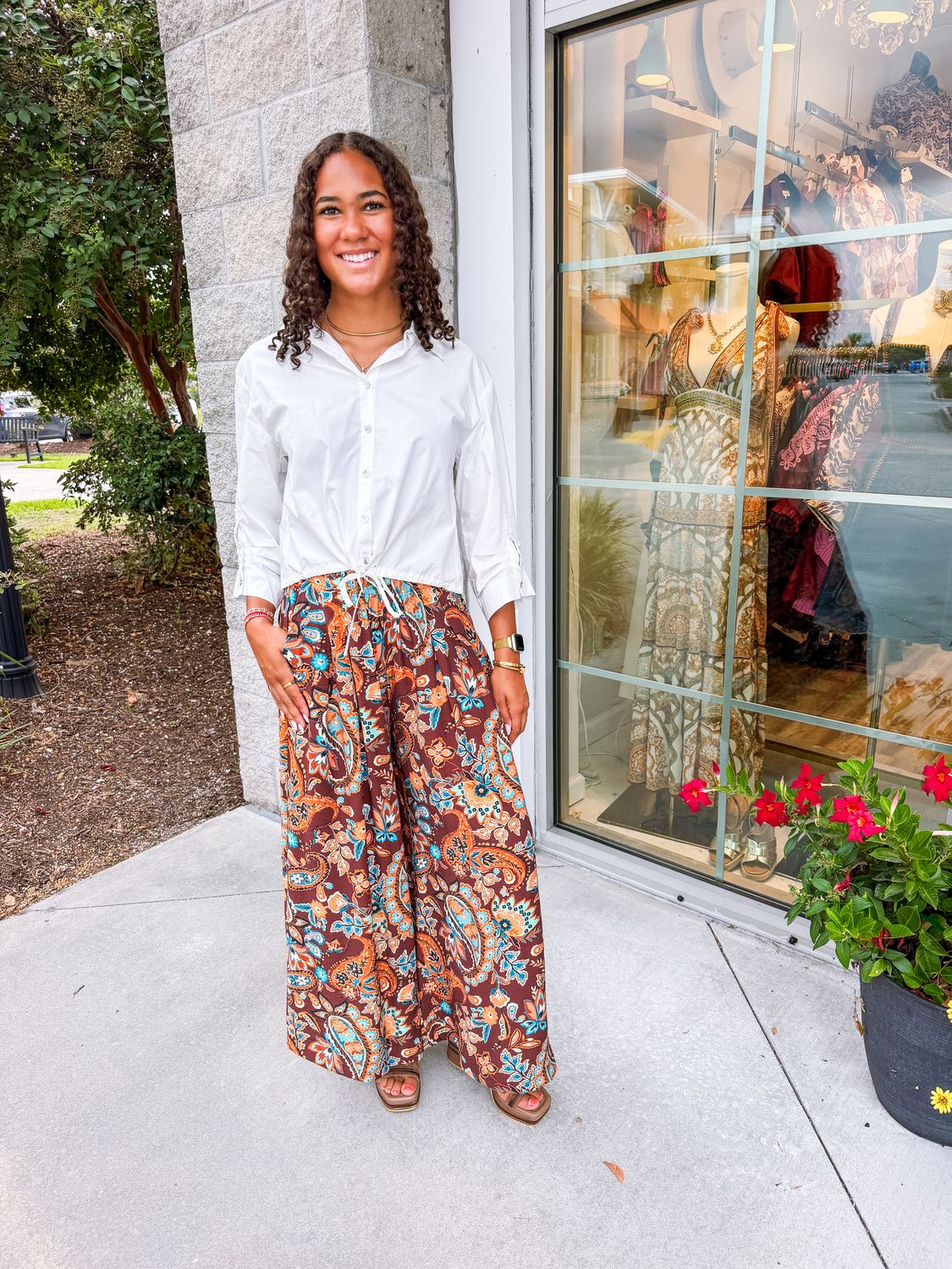 Paisley Wide Leg Pants - Brown