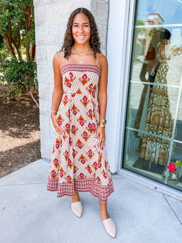 Border Trim Paisley Midi Dress - Rust