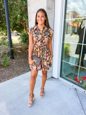 Floral Belted Button Down Dress - Brown