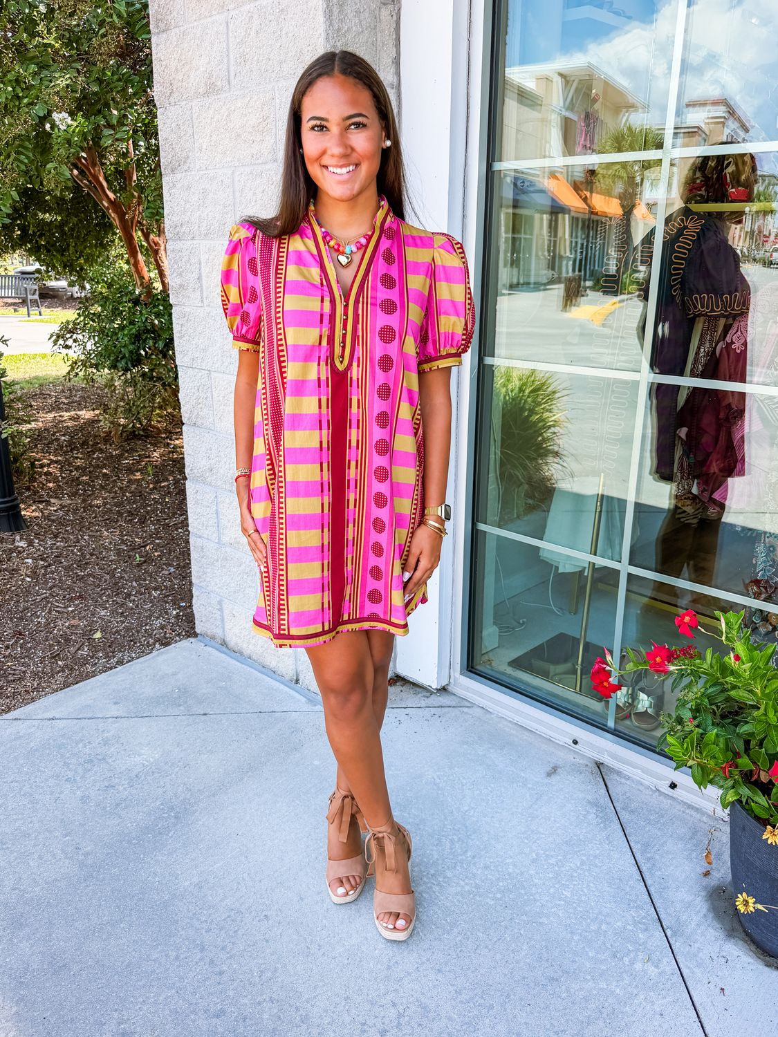 Button Up Mixed Abstract Dress - Plum