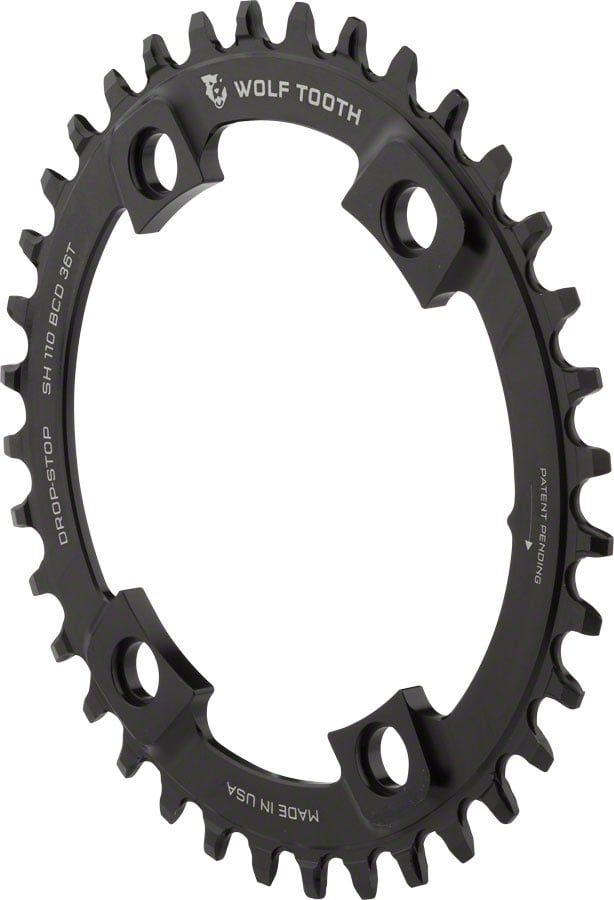 Wolf Tooth Shimano 110 Asymmetric BCD Chainring - 36t 110 Asymmetric BCD 4-Bolt Drop-Stop For Shimano Cranks Black