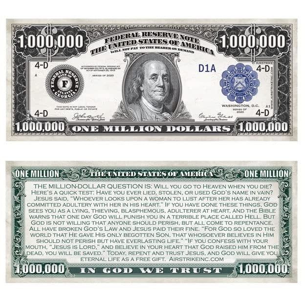 Airstrike Gospel Tract- 1 Million Dollar Bill- Pk of 100