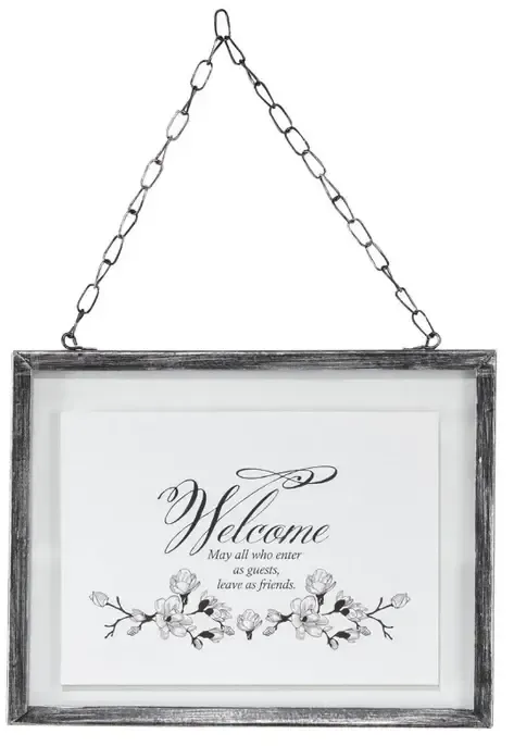 Welcome May All Who Enter wall decor silver frame glass 10.5 x 15.5cm