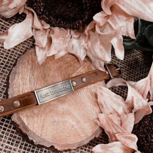 Leather Wristlet: Just Breathe- Brown